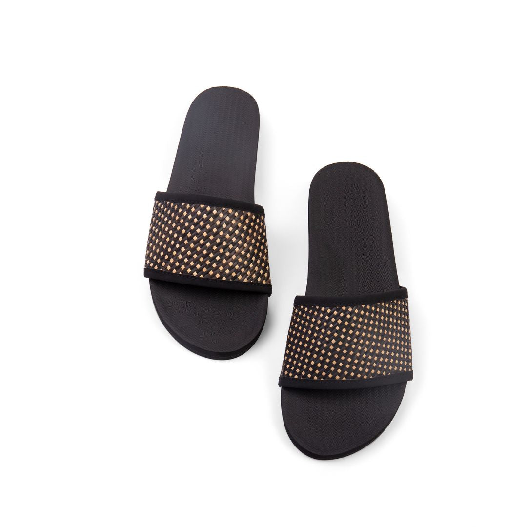 Women's Slides with Handep Dark Batik Weave in Black - PRESALE