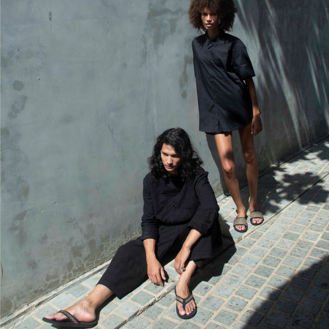 Women's Slides with Handep Dark Batik Weave in Black - PRESALE