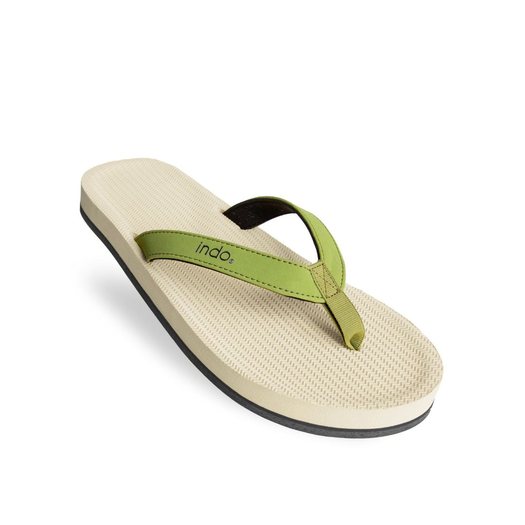 Men's High Grip Natural Rubber Flip Flops with Sea Salt White footbed and Olive Green straps