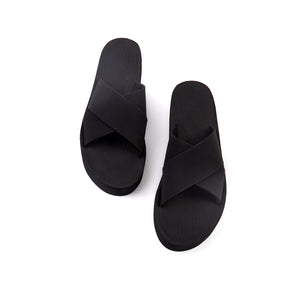 A pair of women's black cross platform sandals